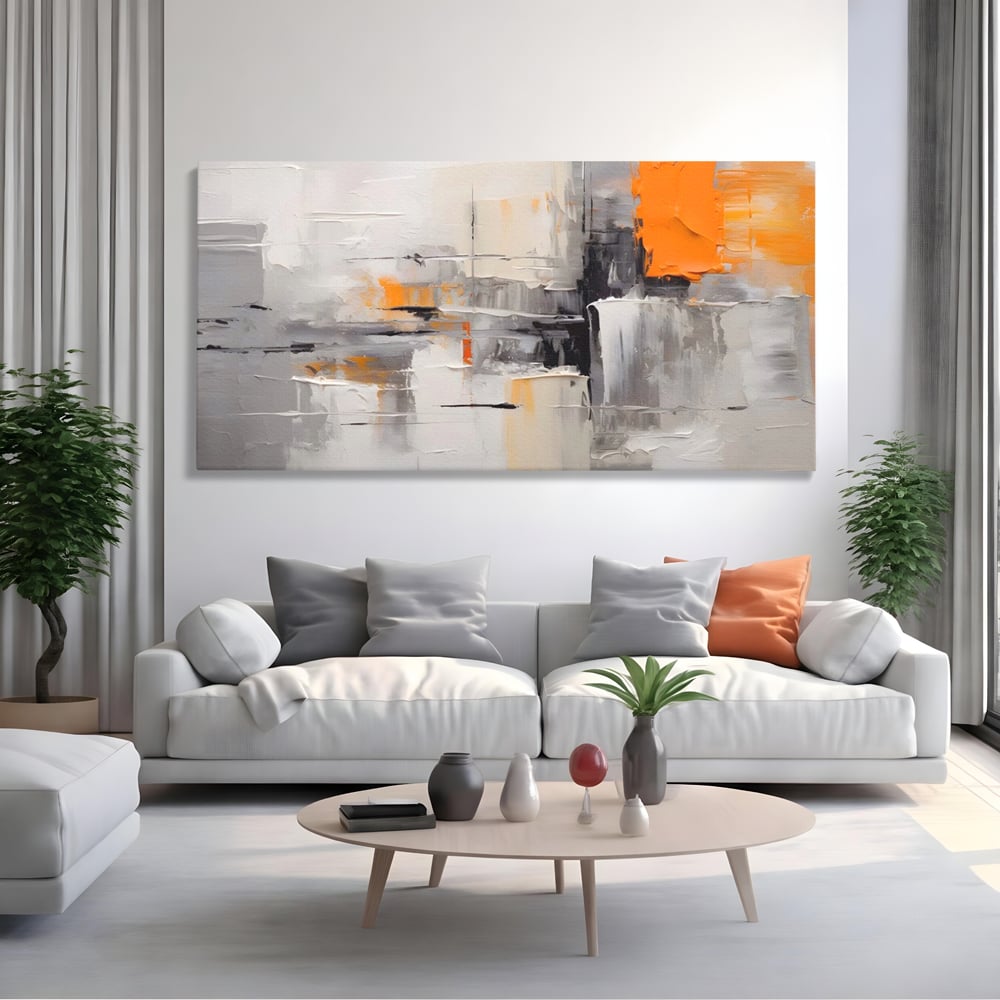Tablou canvas cu pictura abstracta gri cu pata portocalie, fara rama, pe sasiu de lemn, pe perete intr-un living